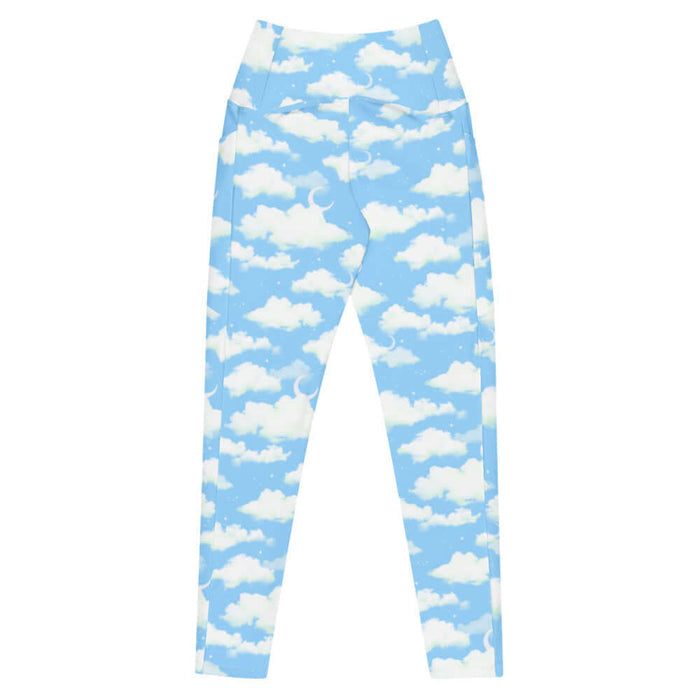Cloudy Sky kawaii premium leggings with puffy clouds and sprinkled stars on a pastel sky