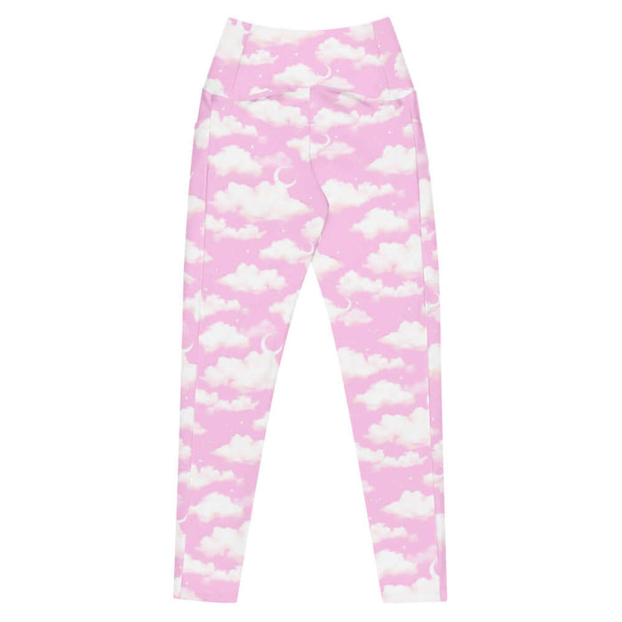 Cloudy Sky kawaii premium leggings in pink with fluffy cumulus clouds and crescent moons