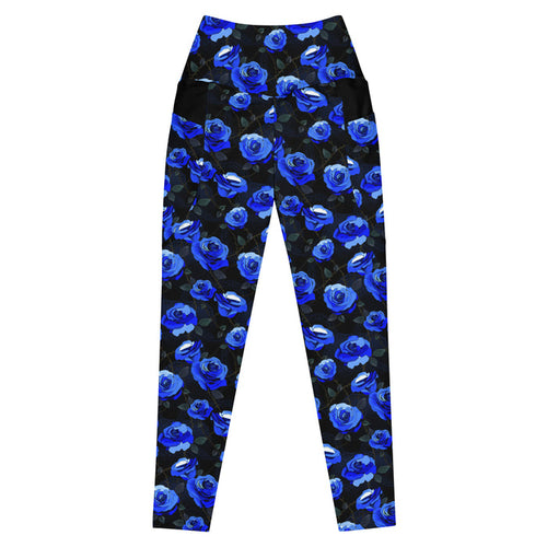 Premium Enchanted Rose Leggings in cobalt blue with roses and briars, pocketed goth activewear