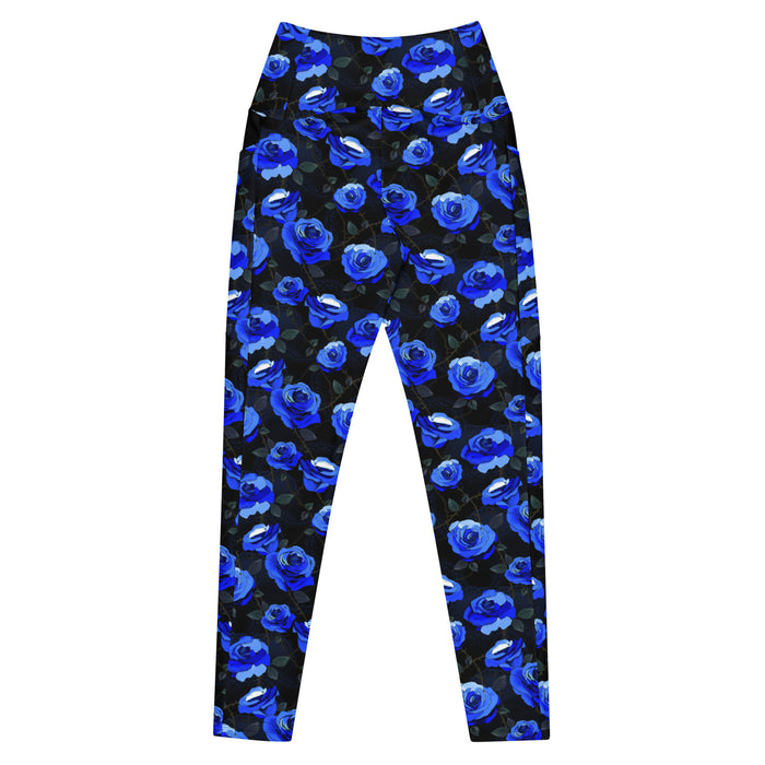 Blue Premium Enchanted Rose Leggings with blue roses and lace doilies, kawaii goth gym leggings