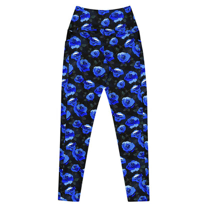 Blue Premium Enchanted Rose Leggings with blue roses and lace doilies, kawaii goth gym leggings