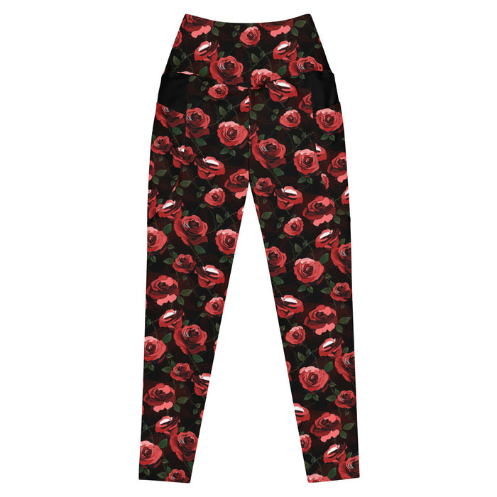 Premium Enchanted Rose Leggings with rose blossoms and doily hearts, gothic leggings with pockets