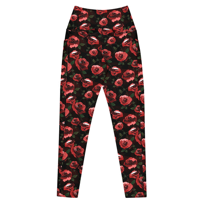 Premium Enchanted Rose Leggings side-pocket view with roses and briars, goth workout leggings