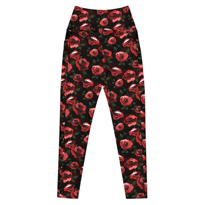 Premium Enchanted Rose Leggings side-pocket view with roses and briars, goth workout leggings