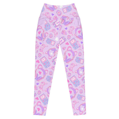 Gamer Girl kawaii premium leggings in pink with bear-ear headphones and pixel hearts