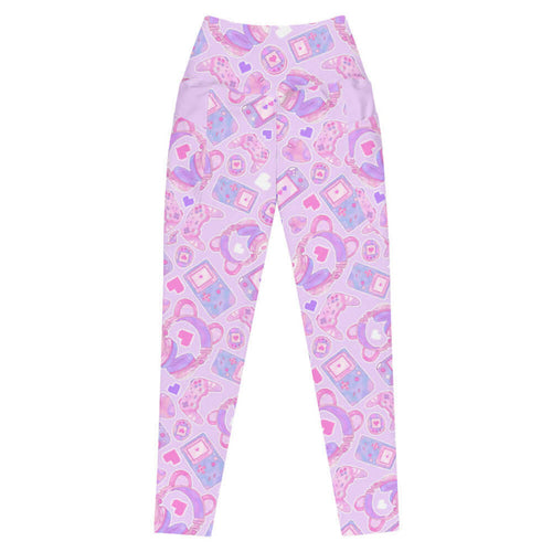Gamer Girl kawaii premium leggings in pink with bear-ear headphones and pixel hearts