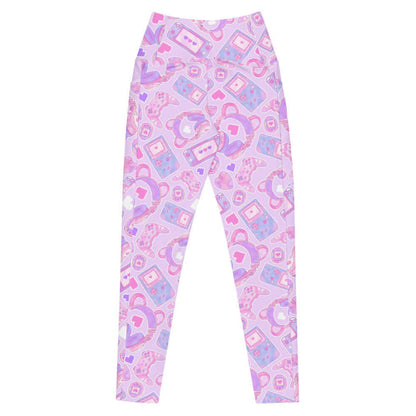 Gamer Girl kawaii premium leggings in pink with pastel controllers and Tamagotchi pets