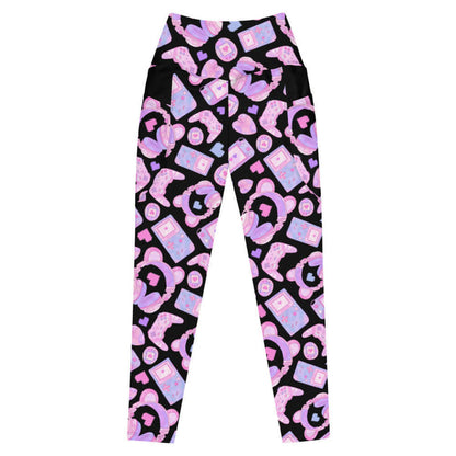 Gamer Girl kawaii premium leggings in pink with twin joysticks and pastel handhelds