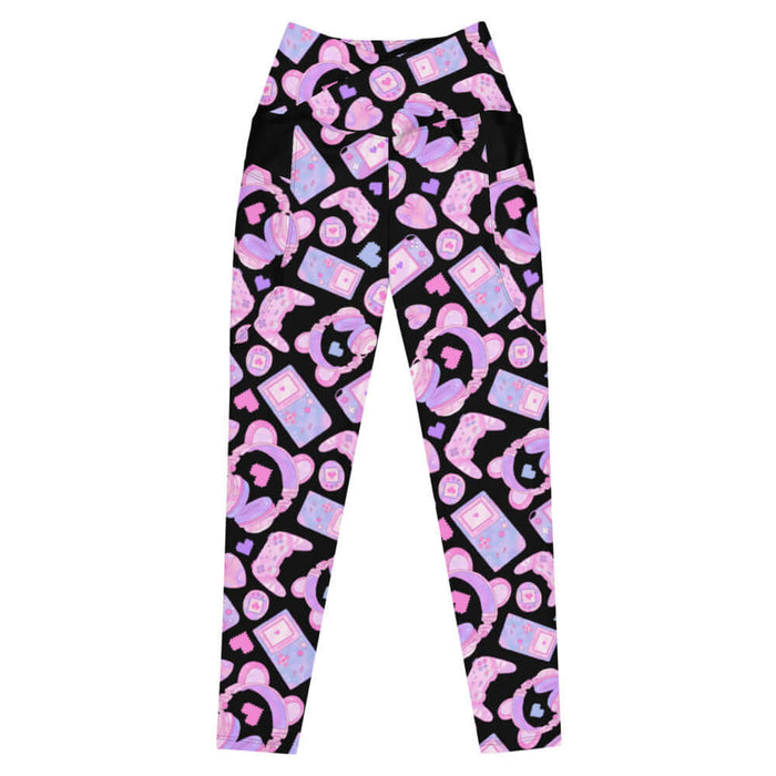 Gamer Girl kawaii premium leggings in pink with pastel handhelds and bear-ear headphones