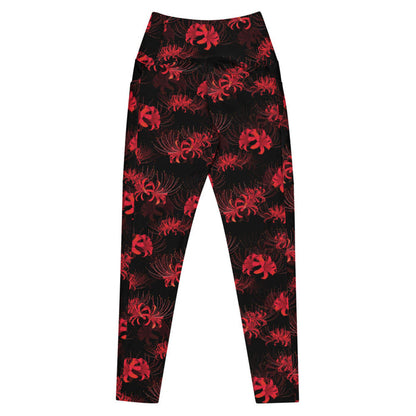 Higanbana gothic premium high-waisted leggings in red with red spider lily blooms on black