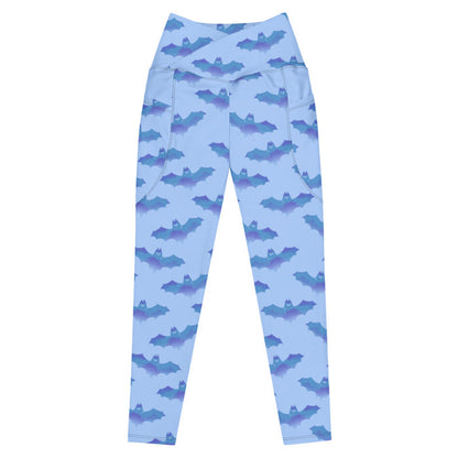 Lilith alternative leggings in blue with painterly bats and tiny crescent moons