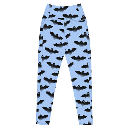 Lilith pastel-goth leggings in blue with bat print and pastel clouds