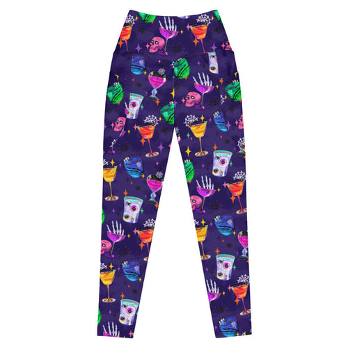 Monster Party alternative premium pocket leggings, front view, with eyeball-garnished drinks and black spiders in jewel tones