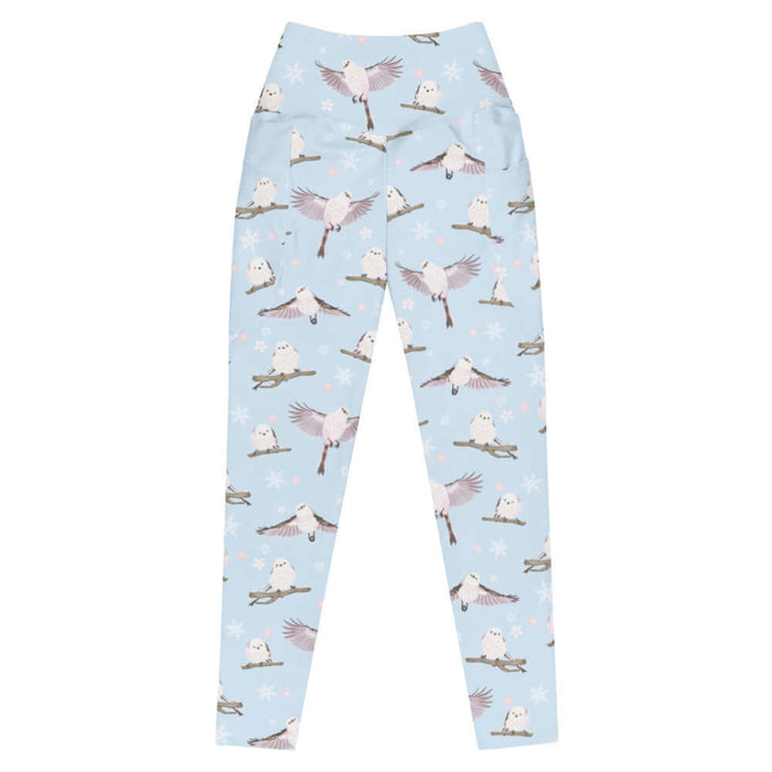 Snow Bird kawaii premium leggings in soft pastels with fluffy enaga birds and snowflakes
