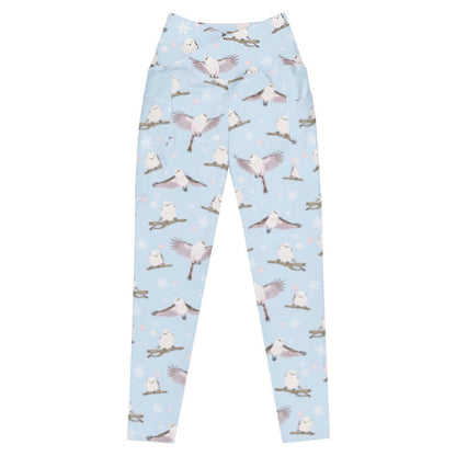 Snow Bird kawaii premium leggings in soft pastels with perched birds and snowy branches