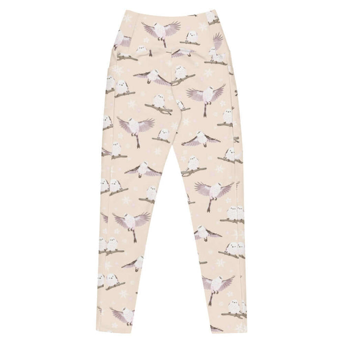Snow Bird kawaii premium leggings in soft pastels with snow-dusted twigs and sakura petals