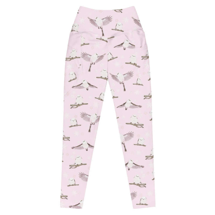 Snow Bird kawaii premium leggings in soft pastels with fluffy birds and pale blossoms