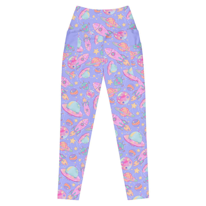 Space kawaii premium leggings in lavender with pink rockets and ringed Saturns