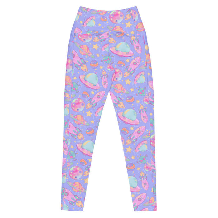Space kawaii premium leggings in lavender with mint flying saucers and cream stars