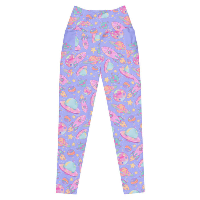 Space kawaii premium leggings in lavender with rainbow-swirled planets and glowing orbs