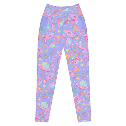 Space kawaii premium leggings in lavender with rainbow-swirled planets and glowing orbs