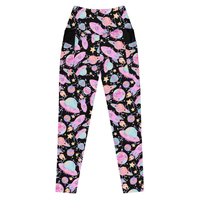 Space kawaii premium leggings in lavender with mint aliens and crescent moons