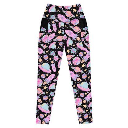 Space kawaii premium leggings in lavender with mint aliens and crescent moons