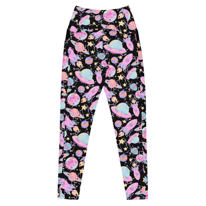 Space kawaii premium leggings in galaxy black with pink rockets and cream stars