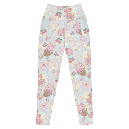 Sweet Teddy kawaii premium leggings in pastel with dress-wearing teddy bears and rose-filled baskets