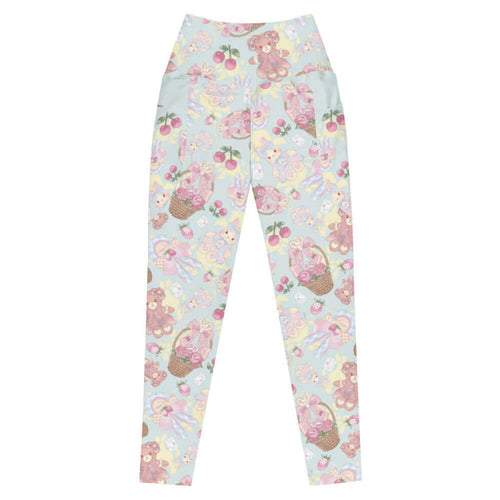 Sweet Teddy kawaii premium leggings in pastel with dress-wearing teddy bears and rose-filled baskets