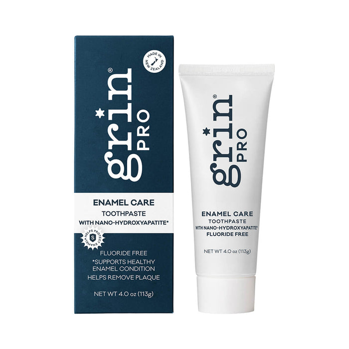 113g tube of Grin Pro Enamel Care Toothpaste with Nano-Hydroxyapatite, a natural, fluoride free toothpaste that supports healthy enamel condition.
