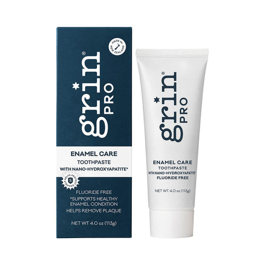113g tube of Grin Pro Enamel Care Toothpaste with Nano-Hydroxyapatite, a natural, fluoride free toothpaste that supports healthy enamel condition.