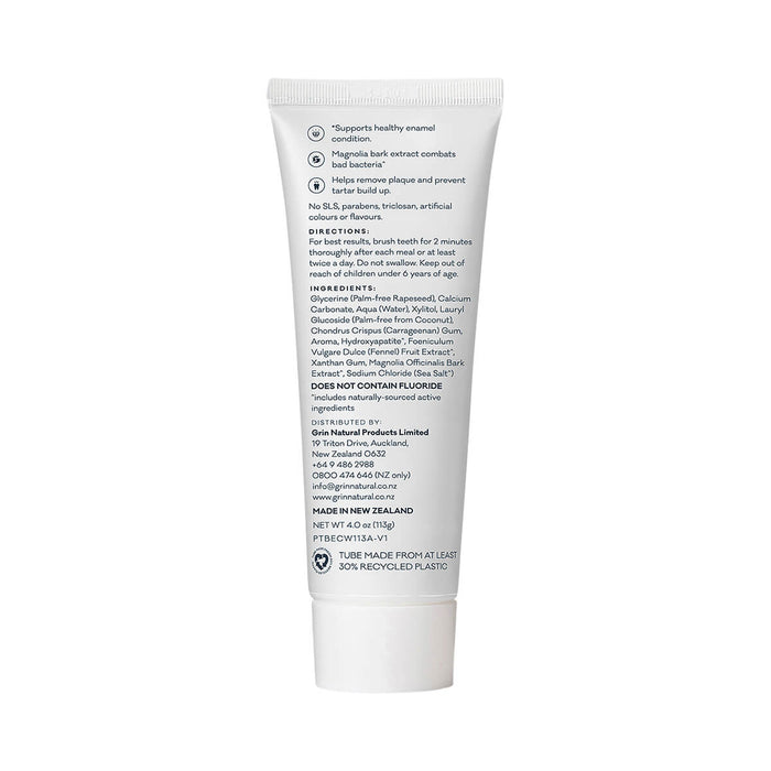 Back of 113g tube of Grin Pro Enamel Care Toothpaste with Nano-Hydroxyapatite, a natural, fluoride free toothpaste that supports healthy enamel condition.