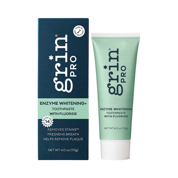 113g tube of Grin Pro Enzyme Whitening Toothpaste with Fluoride, a natural formula that removes stains, plaque, and freshens breath.