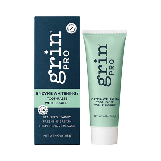 113g tube of Grin Pro Enzyme Whitening Toothpaste with Fluoride, a natural formula that removes stains, plaque, and freshens breath.