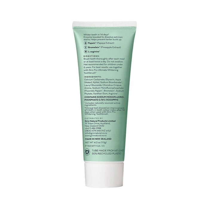 Back of 113g tube of Grin Pro Enzyme Whitening Toothpaste with Fluoride, a natural formula that removes stains, plaque, and freshens breath.