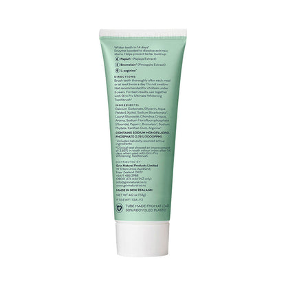 Back of 113g tube of Grin Pro Enzyme Whitening Toothpaste with Fluoride, a natural formula that removes stains, plaque, and freshens breath.