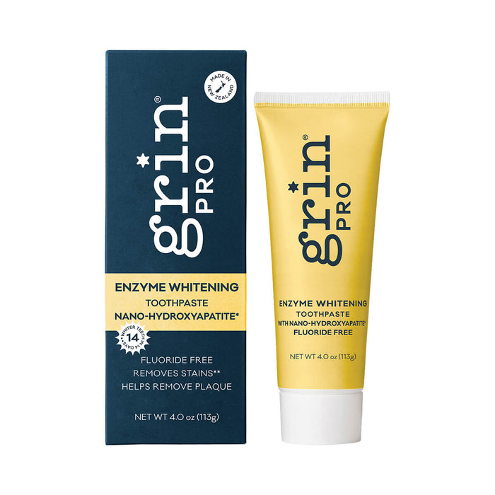 113 tube of Grin Pro Enzyme Whitening Toothpaste with Nano-Hydroxyapatite, a natural fluoride free formula that removes stains and plaque.