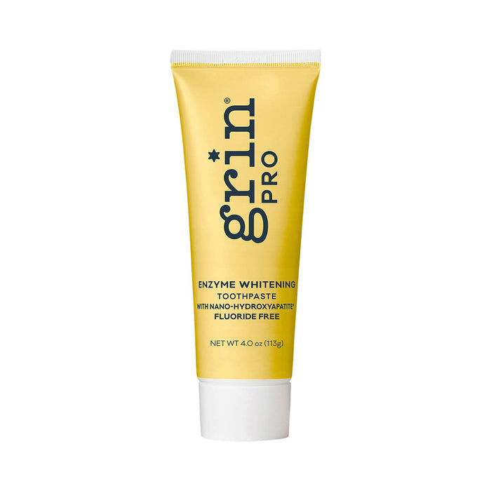 Front of 113 tube of Grin Pro Enzyme Whitening Toothpaste with Nano-Hydroxyapatite, a natural fluoride free formula that removes stains and plaque.