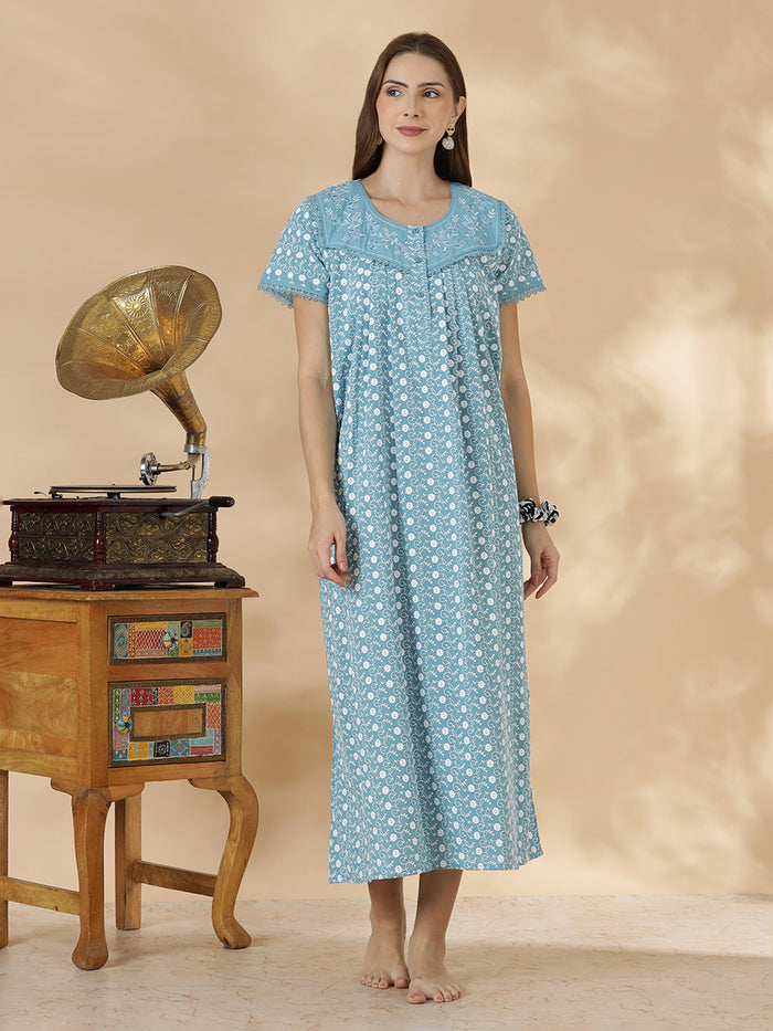 Light blue floral premium cotton chikankari nighty for women