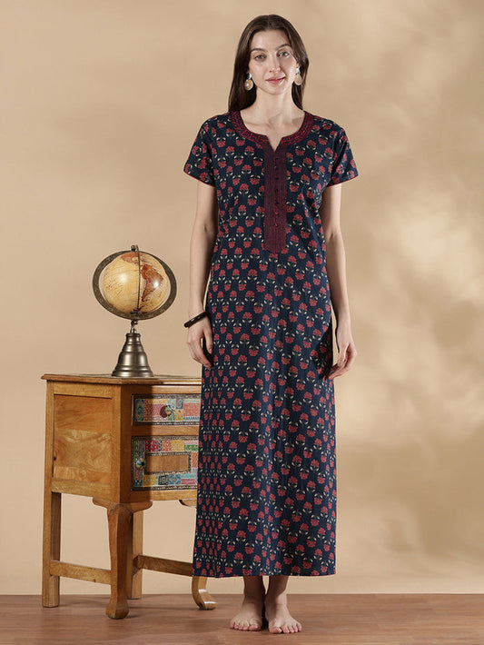 Indigo floral print pure cotton summer night dress for women