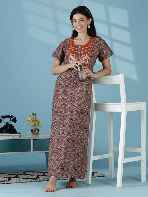 Clay brown 100% pure cotton nightgown for women in India