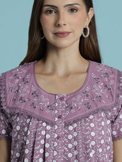 Floral print pure cotton chikankari light purple womens nighty