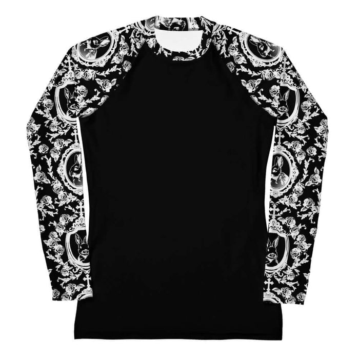 Queen's Beloved Bunny gothic rash guard in white with lace frames and climbing roses, front view
