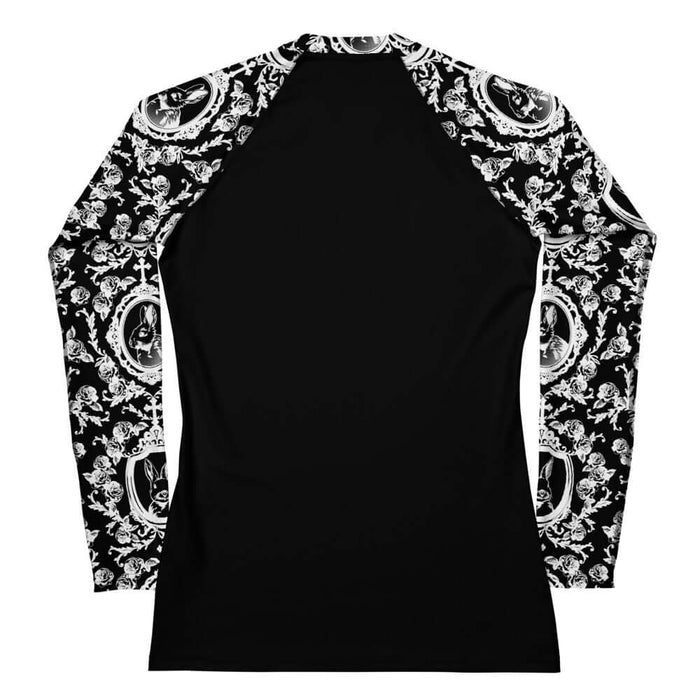 Queen's Beloved Bunny gothic rash guard in white with velvet bunnies and climbing roses, back view