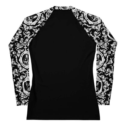 Queen's Beloved Bunny gothic rash guard in white with velvet bunnies and climbing roses, back view