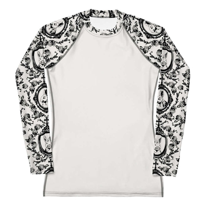 Queen's Beloved Bunny gothic rash guard in white with lace cameo frames and gothic crosses, front view