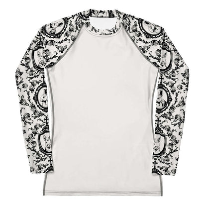 Queen's Beloved Bunny gothic rash guard in white with lace cameo frames and gothic crosses, front view