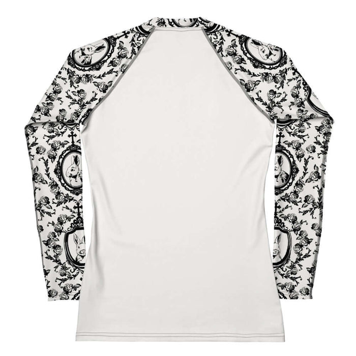 Queen's Beloved Bunny gothic rash guard in white with cameo-framed bunnies and tiny crowns, back view