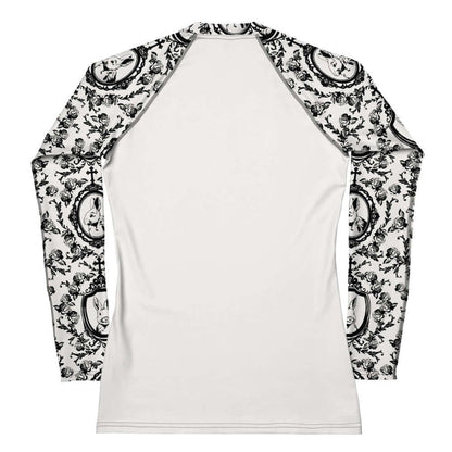 Queen's Beloved Bunny gothic rash guard in white with cameo-framed bunnies and tiny crowns, back view
